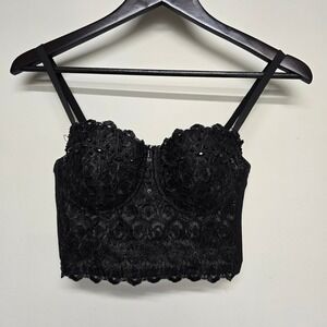 Windsor‎ Lace Bustier Crop Top Womens Small Black Beaded Goth Coquette Glam